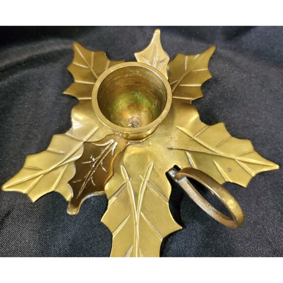 Vintage Brass Holly Leaf CHRISTMAS CANDLE HOLDER taper candlestick metal leaves - Picture 6 of 7